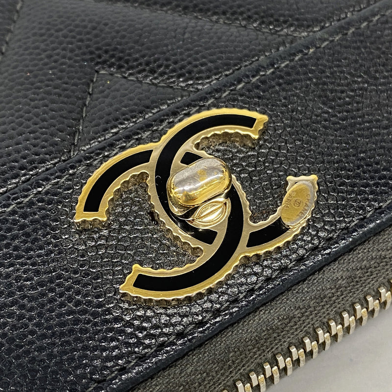 【6kd4231】シャネル 長財布 シェブロン キャビアスキン ブラック ゴールド金具【中古】レディース