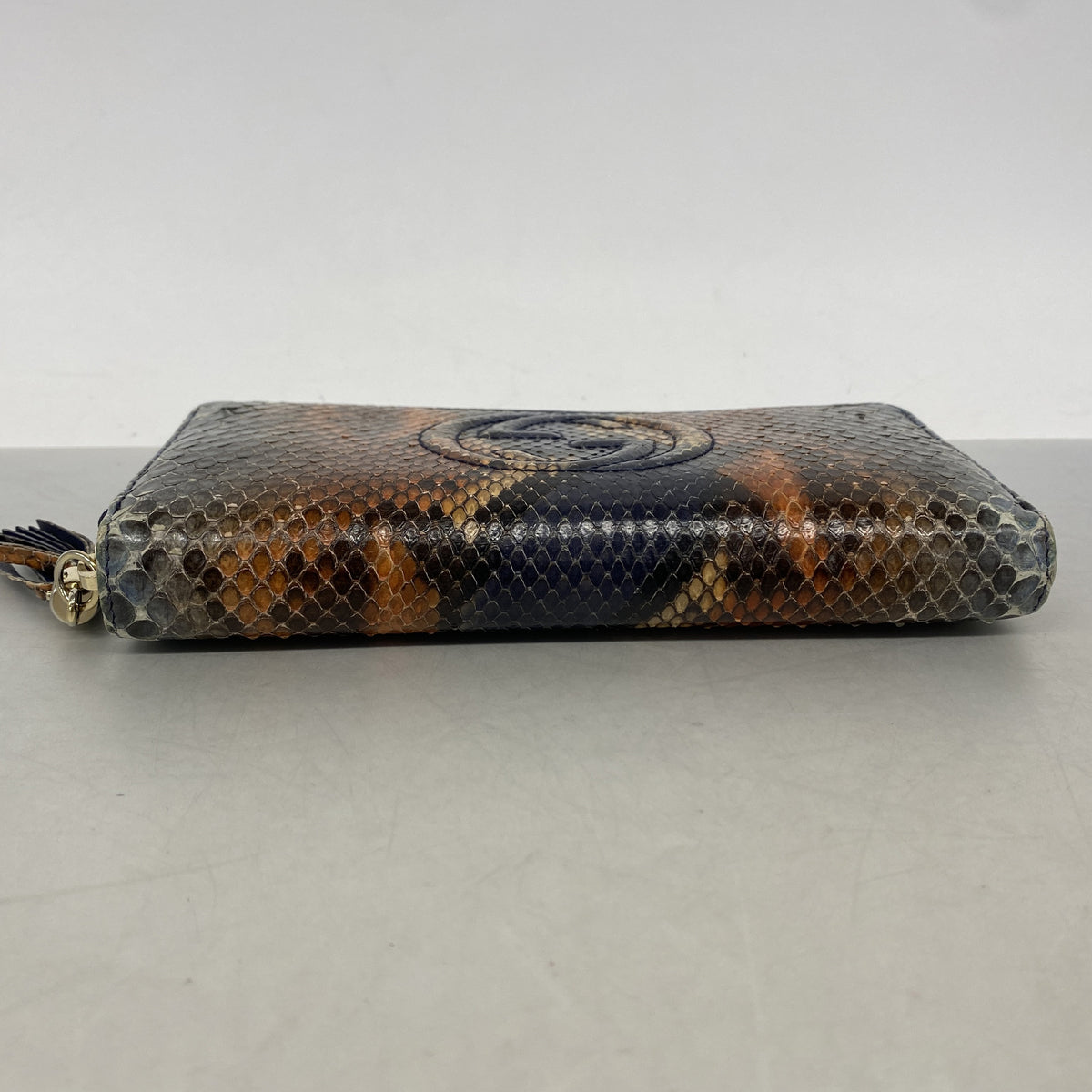 【6kd4408】グッチ 長財布 ソーホー 308004 パイソン ネイビー ブラウン ゴールド金具【中古】レディース