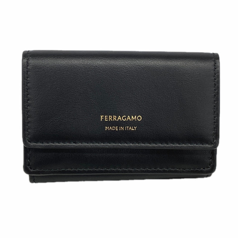 【6kd4458】サルヴァトーレフェラガモ 三つ折り財布 レザー ブラック ゴールド金具【中古】レディース