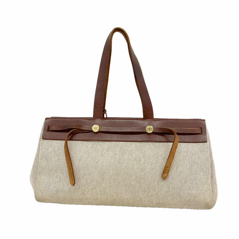 【6kd4485】エルメス トートバッグ エールバッグカバス トワルアッシュ ブラウン ゴールド金具 □F刻印【中古】レディース