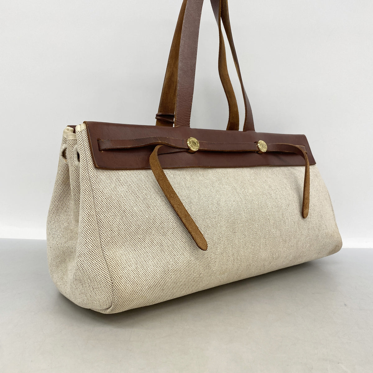 【6kd4485】エルメス トートバッグ エールバッグカバス トワルアッシュ ブラウン ゴールド金具 □F刻印【中古】レディース