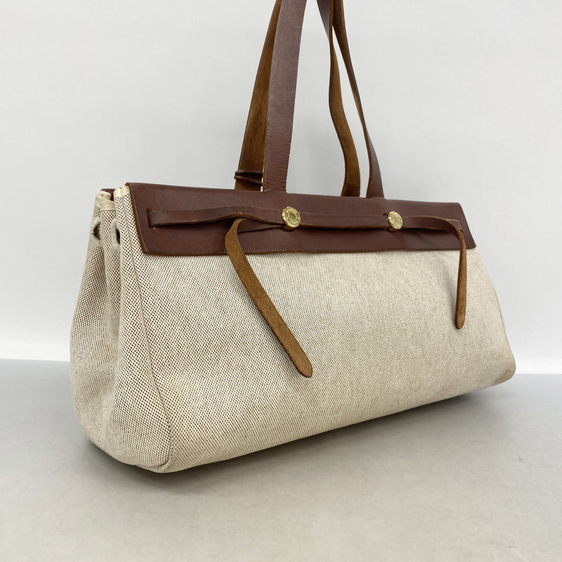 【6kd4485】エルメス トートバッグ エールバッグカバス トワルアッシュ ブラウン ゴールド金具 □F刻印【中古】レディース