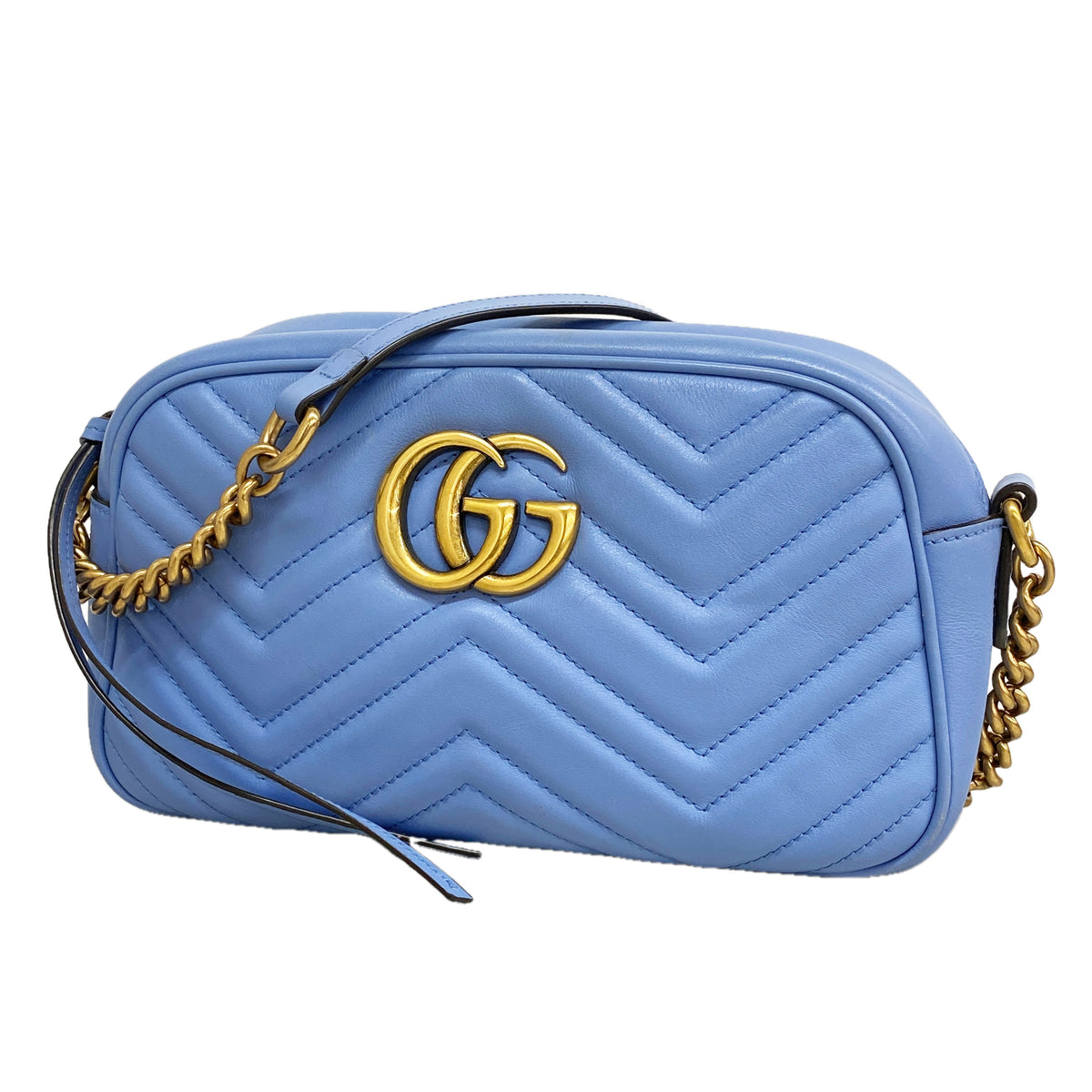 【6kd4946】グッチ ショルダーバッグ GGマーモント 447632 レザー ライトブルー ゴールド金具【中古】レディース