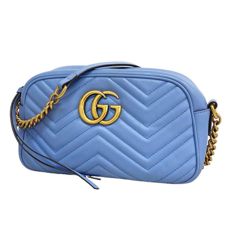 【6kd4946】グッチ ショルダーバッグ GGマーモント 447632 レザー ライトブルー ゴールド金具【中古】レディース
