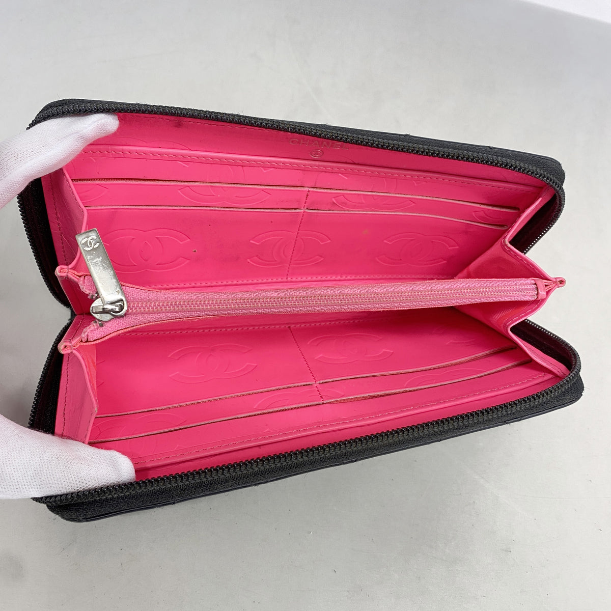 【6kd5012】シャネル 長財布 カンボン ラムスキン ブラック シルバー金具【中古】レディース