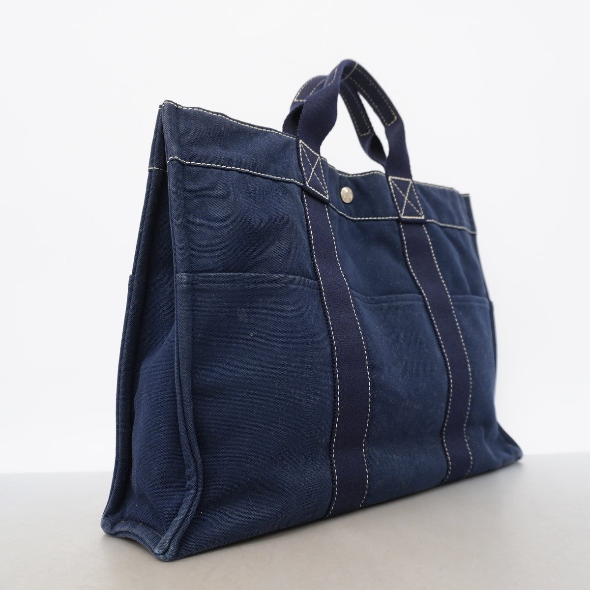 【6ke5248】エルメス トートバッグ ドーヴィルMM キャンバス ネイビー シルバー金具【中古】レディース