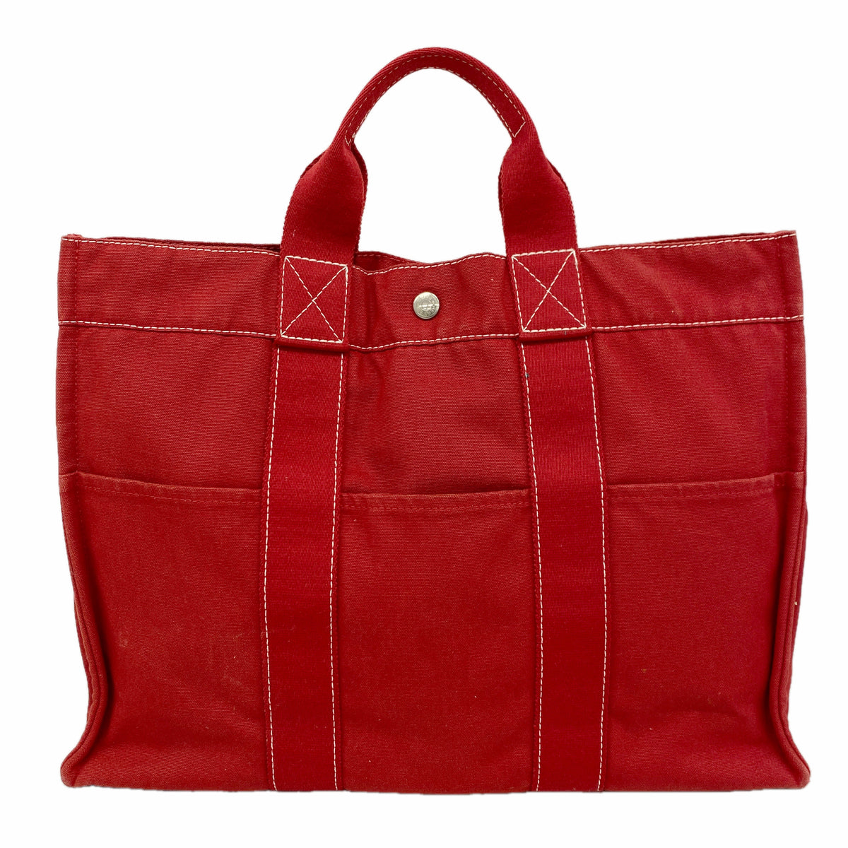 【6ke5308】エルメス トートバッグ ドーヴィルMM キャンバス レッド シルバー金具【中古】レディース