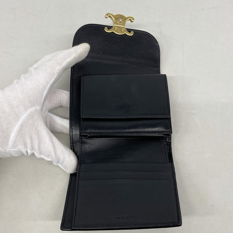 【6ke5359】セリーヌ 三つ折り財布 トリオンフ レザー ブラック ゴールド金具【中古】レディース