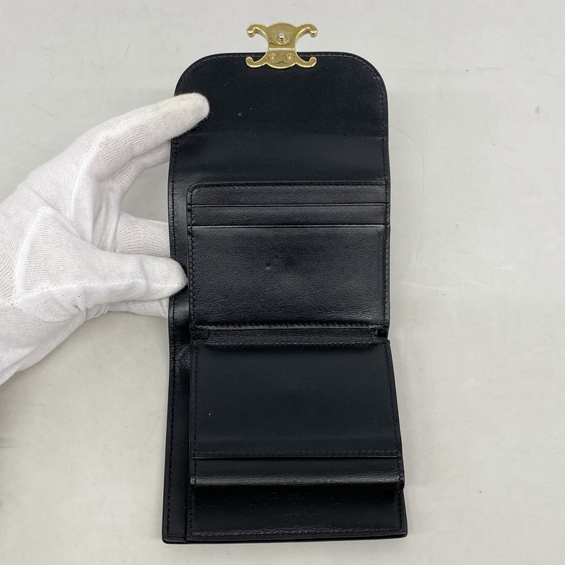 【6ke5359】セリーヌ 三つ折り財布 トリオンフ レザー ブラック ゴールド金具【中古】レディース