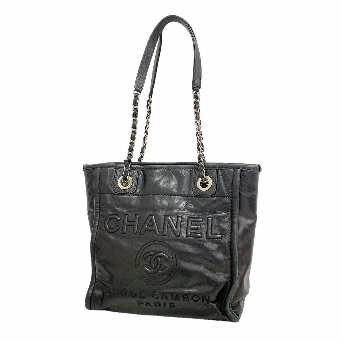 【6ke5963】シャネル チェーントート ドーヴィル カーフスキン ブラック シルバー金具【中古】レディース