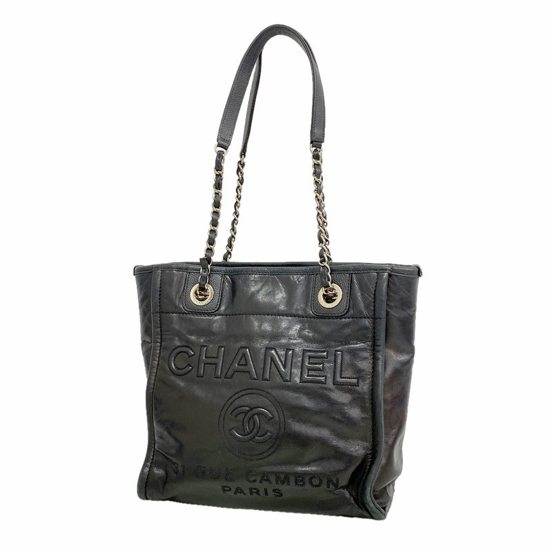 【6ke5963】シャネル チェーントート ドーヴィル カーフスキン ブラック シルバー金具【中古】レディース