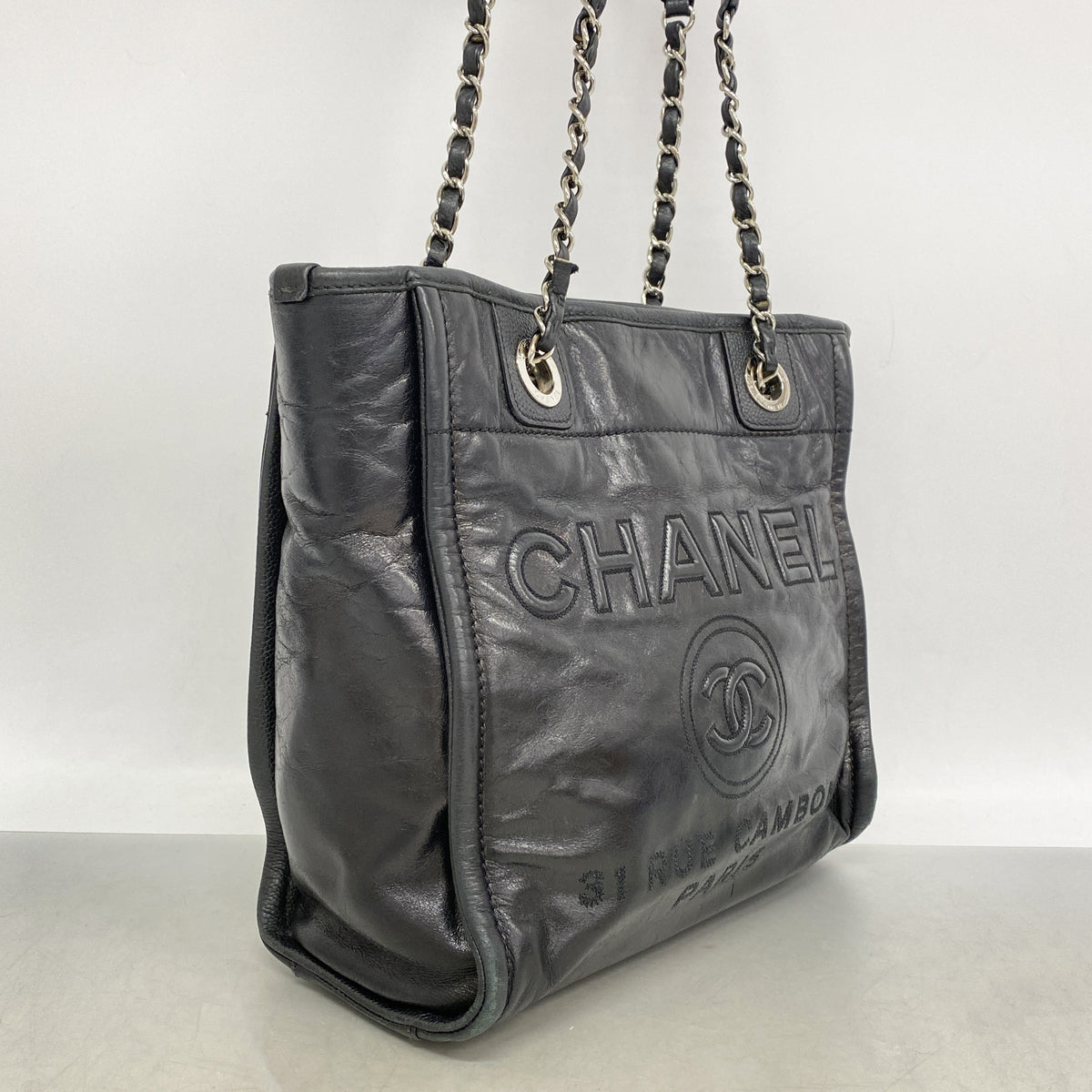 【6ke5963】シャネル チェーントート ドーヴィル カーフスキン ブラック シルバー金具【中古】レディース