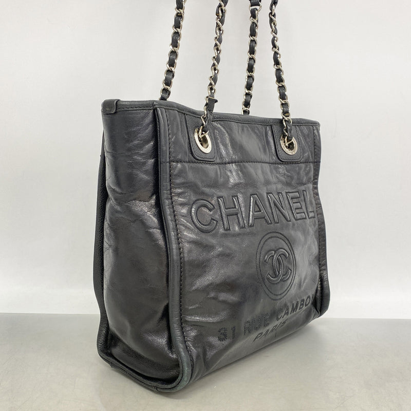 【6ke5963】シャネル チェーントート ドーヴィル カーフスキン ブラック シルバー金具【中古】レディース