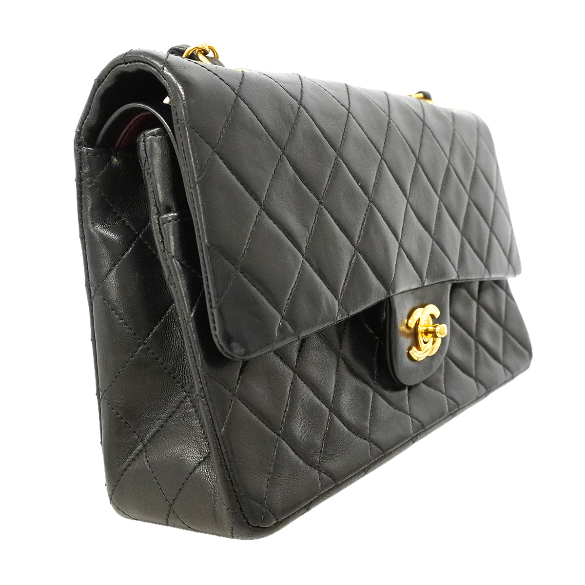 【6ke5983】シャネル ショルダーバッグ マトラッセ Wフラップ Wチェーン ラムスキン ブラック ゴールド金具【中古】レディース